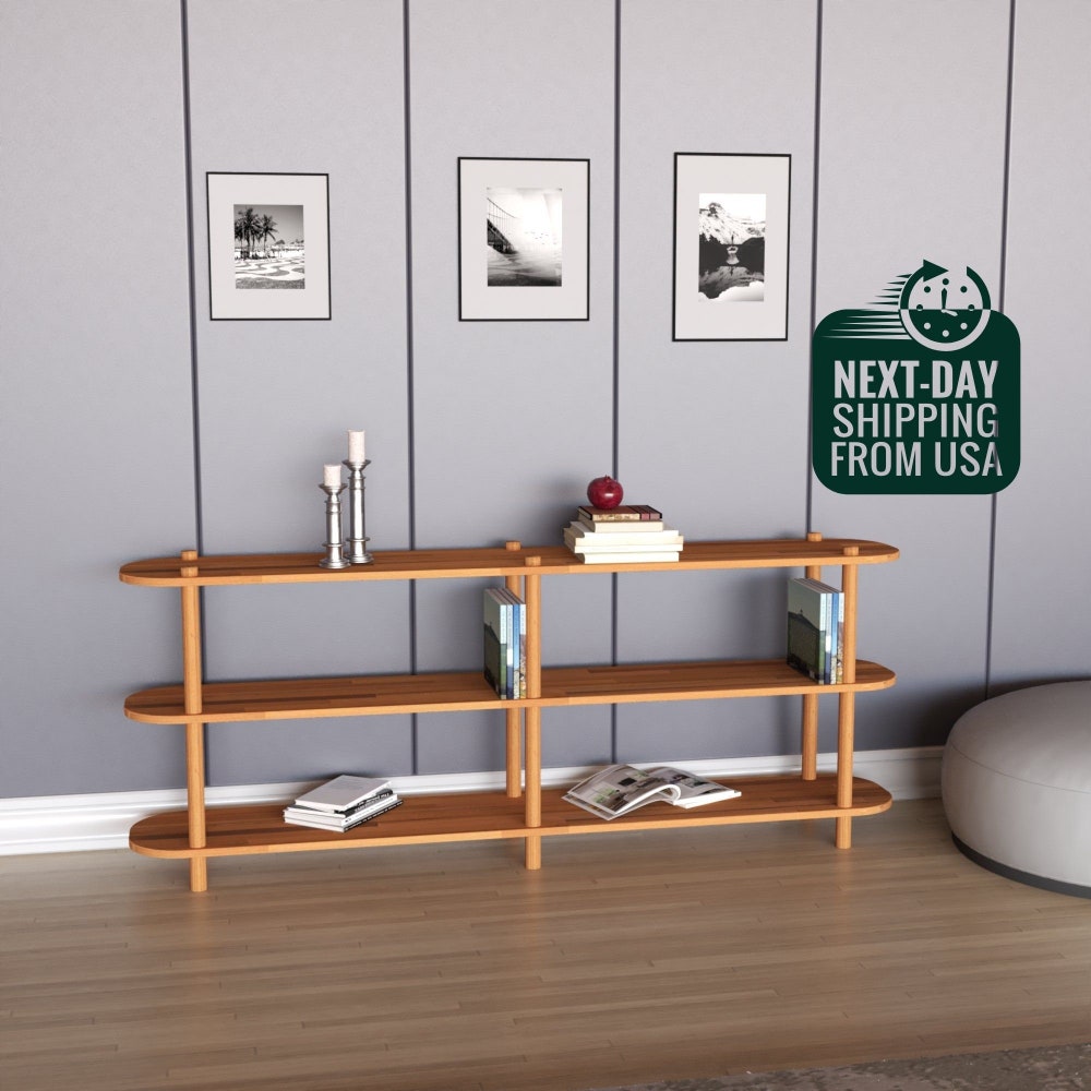 Personalizable Sizes Solid Wood Short Bookcase With 3 Shelves, Solid Wood Large Media Console/TV Stand, Minimalist Entertainment Center