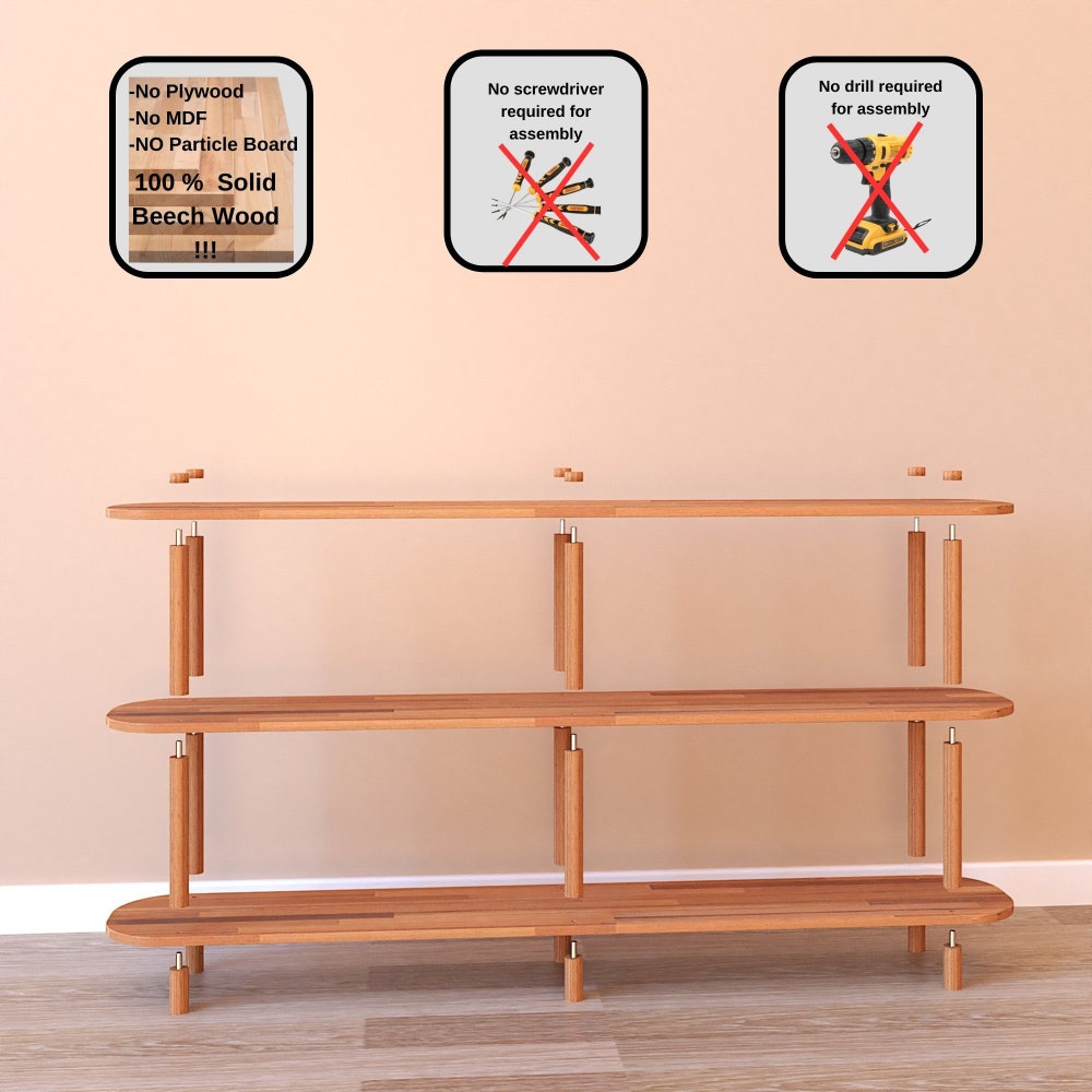 Personalizable Sizes Solid Wood Short Bookcase With 3 Shelves, Solid Wood Large Media Console/TV Stand, Minimalist Entertainment Center - Image 8