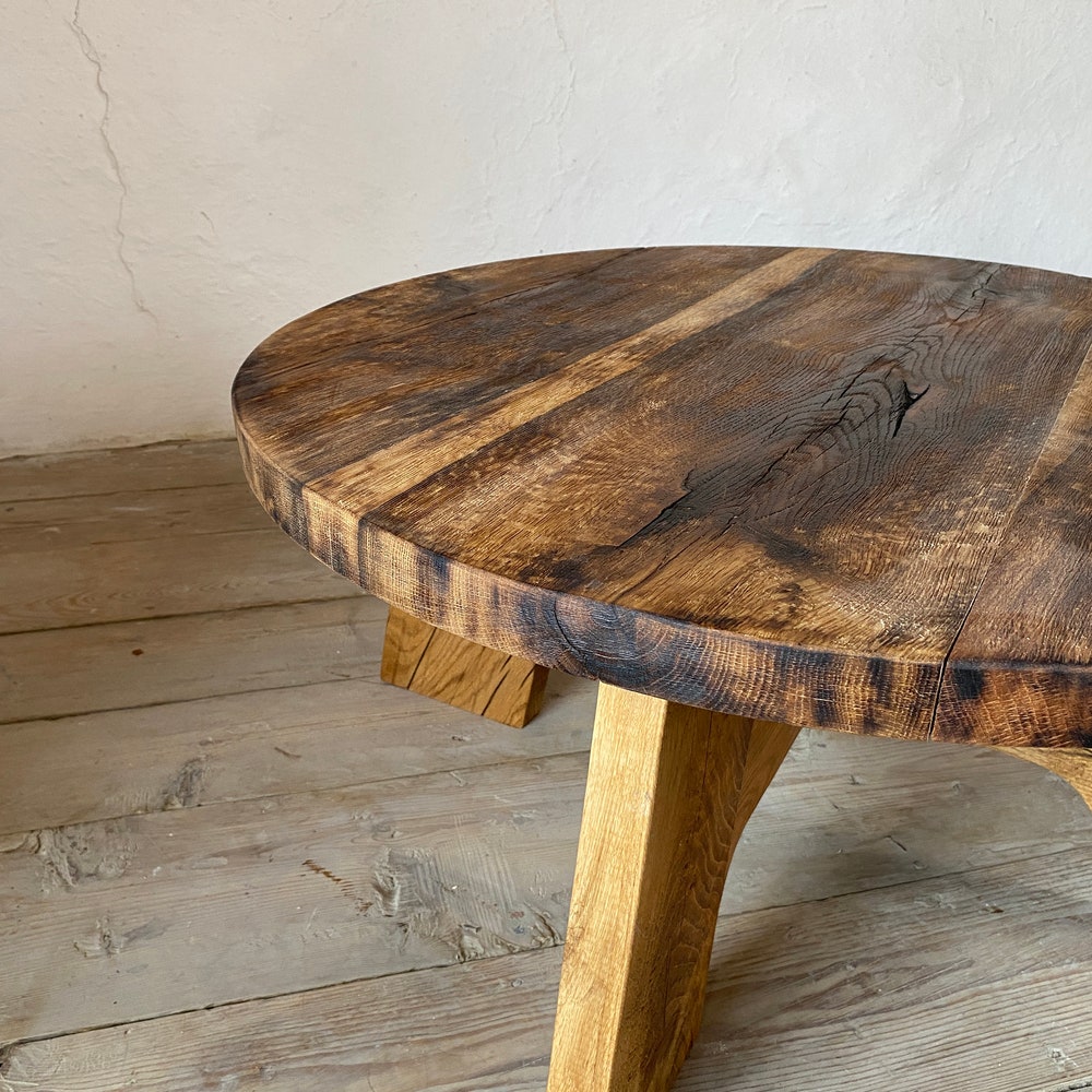 Round Rustic Coffee Table Reclaimed Oak Wood, Round Oak Coffee Table Rustic, Handmade Furniture and Decor, Barn Wood Farmhouse Coffee Table - Image 10