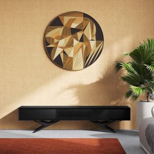 Black oak long tv stand with slatted door, two drawers and organic shape base in mid century modern style, lowboard, media console center