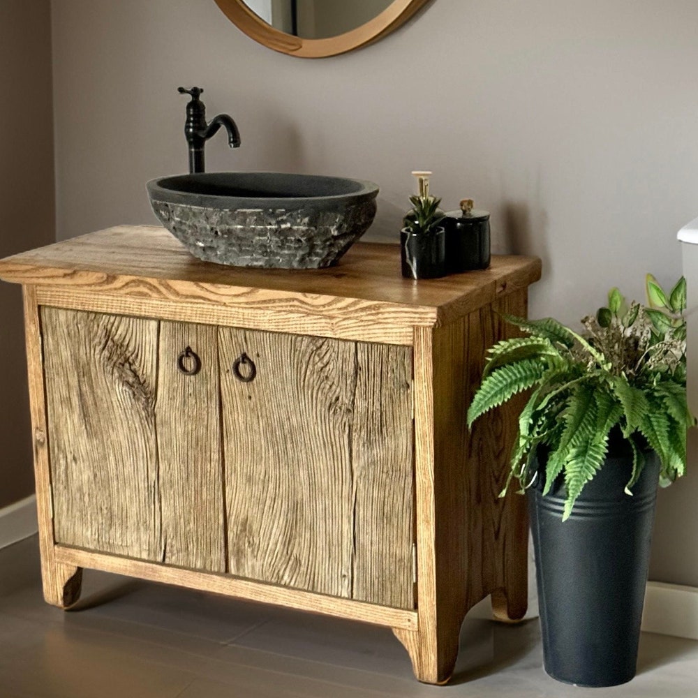 Barn Wood Bathroom Vanity Cabinet, Farmhouse Vanity Bathroom Storage, Reclaimed Wood Vanity Unit - Image 3
