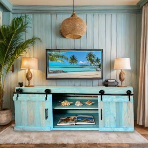 Blue Ocean Beach Coastal TV Stand Console Table with Barn Doors, Entertainment, Bookcase, Cabinet