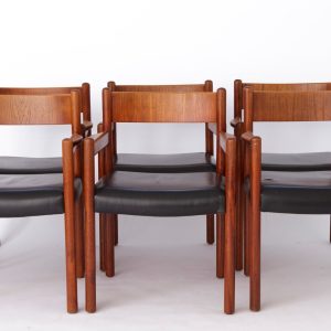 Set of 6 Danish Teak Armchairs | Vintage Dining/Desk Chairs with Black Leather Seats