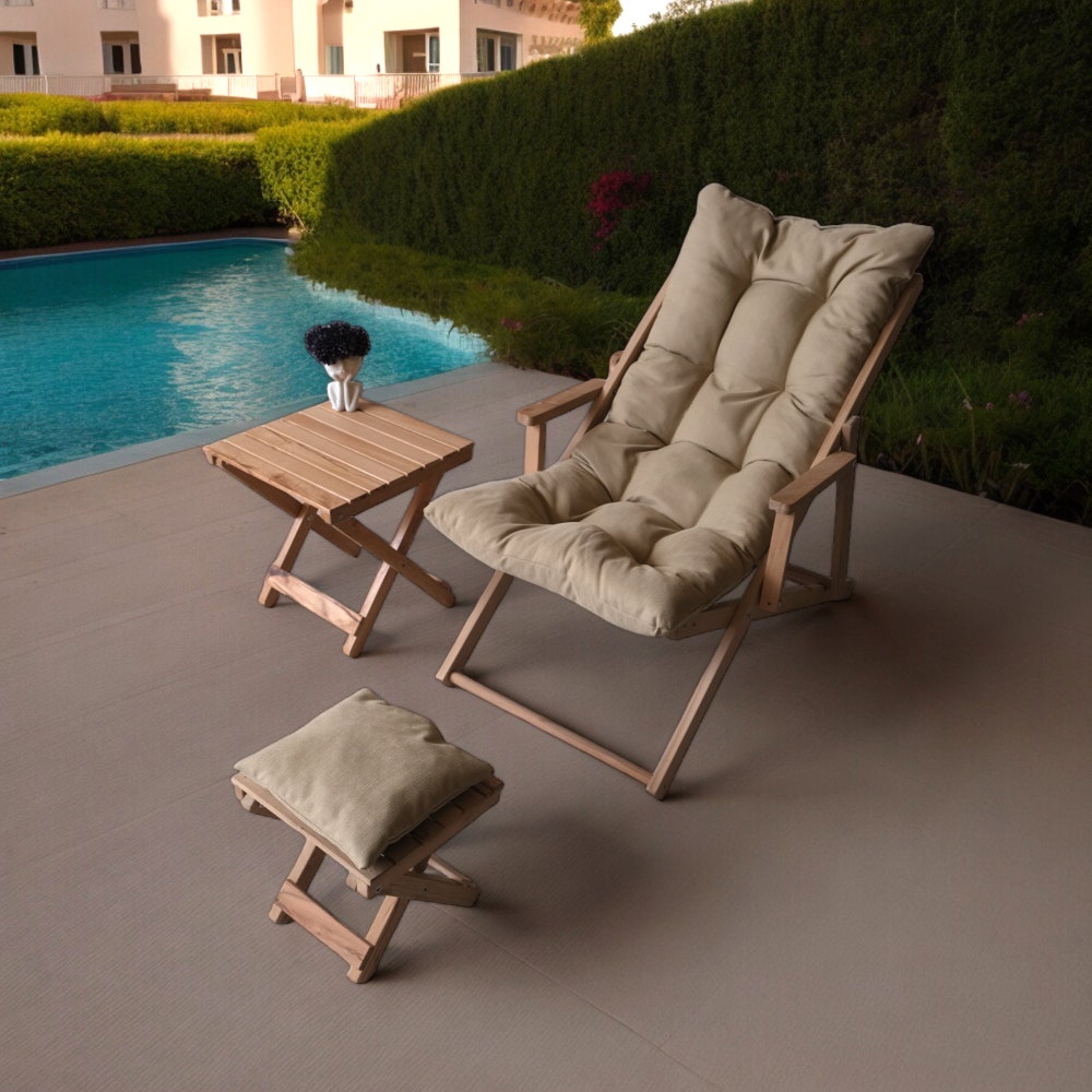 Stylish Wooden Garden Chair, Sun Lounger & Stool Set, Durable Patio Furniture for Outdoor, Deck Chair, Outdoor Chaise Lounge for Summer Gift - Image 5