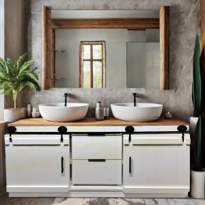 WHITE BATHROOM VANITY with Barn Doors and Toe Kick for Double Sink Remodeling Farmhouse Cabinet Console Storage Shelf Washstand Gift