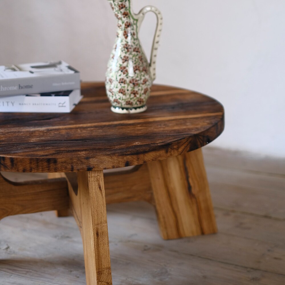 Round Rustic Coffee Table Reclaimed Oak Wood, Round Oak Coffee Table Rustic, Handmade Furniture and Decor, Barn Wood Farmhouse Coffee Table - Image 5
