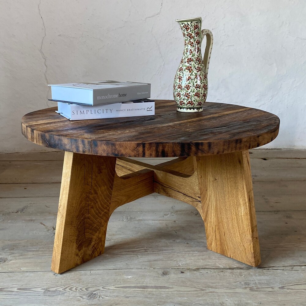 Round Rustic Coffee Table Reclaimed Oak Wood, Round Oak Coffee Table Rustic, Handmade Furniture and Decor, Barn Wood Farmhouse Coffee Table - Image 3