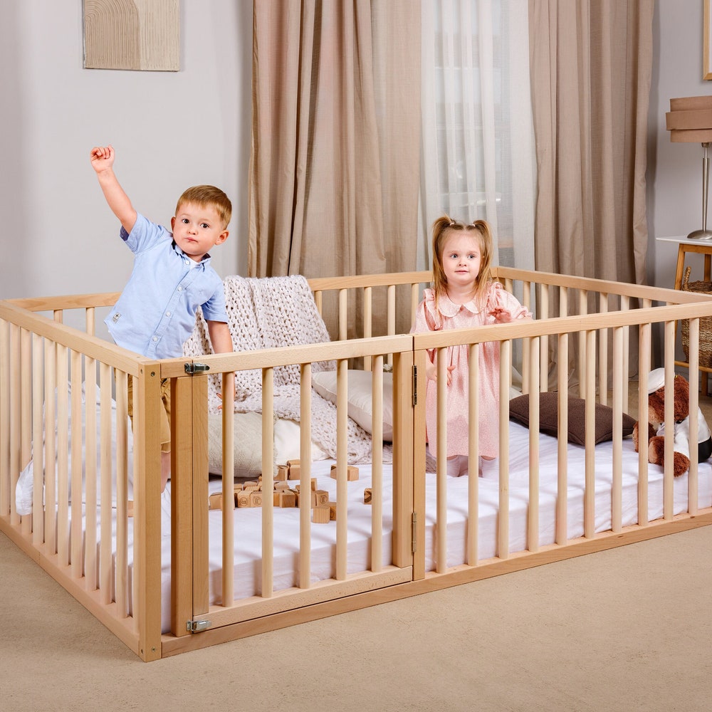 Baby playpen, Montessori full size floor bed with Extra Protection, Nursery furniture, Wooden playpen, Baby furniture, Kids beds