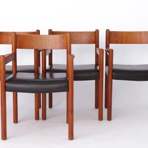 Set of 4 Danish Teak Armchairs – Mid-Century Modern, Black Leather Upholstery, Sturdy Construction