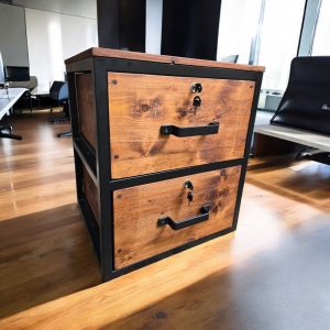Rustic cabinet with lockable drawers Industrial chest made of solid wood, steel frame office furniture heavy duty storage solution