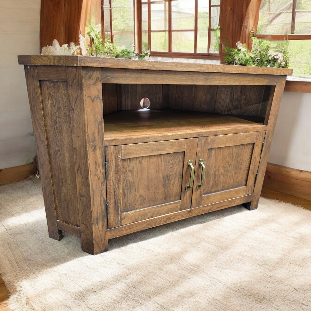 Corner unit tv stand with shelves door brass handles refurbished wooden stand Rustic media centre solid wood cabinet shelving unit - Image 3
