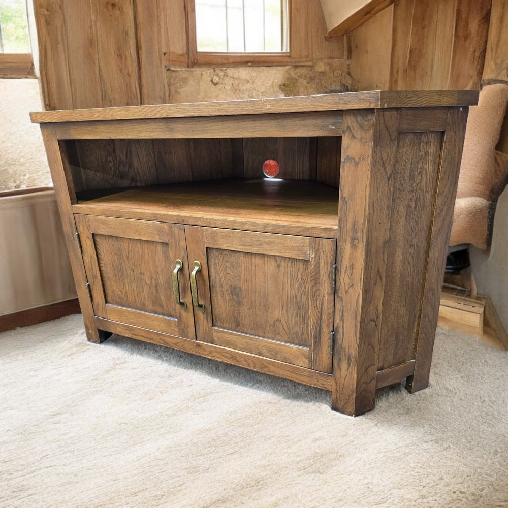 Corner unit tv stand with shelves door brass handles refurbished wooden stand Rustic media centre solid wood cabinet shelving unit - Image 5