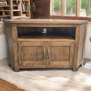 Corner unit tv stand with shelves door brass handles refurbished wooden stand Rustic media centre solid wood cabinet shelving unit