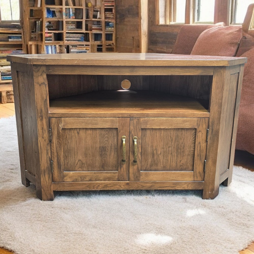 Corner unit tv stand with shelves door brass handles refurbished wooden stand Rustic media centre solid wood cabinet shelving unit - Image 4