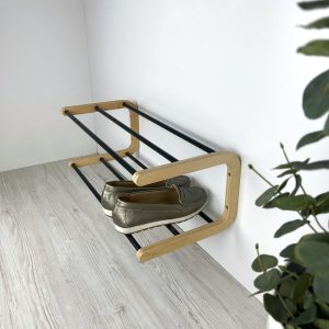 2 Tier Shoe Shelf Rack for Wall | Wood and Metal Shoe Organizer for Small Entryway