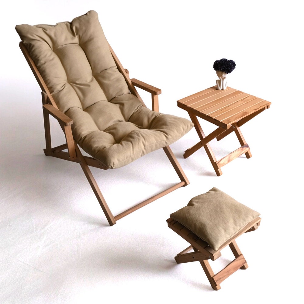 Stylish Wooden Garden Chair, Sun Lounger & Stool Set, Durable Patio Furniture for Outdoor, Deck Chair, Outdoor Chaise Lounge for Summer Gift