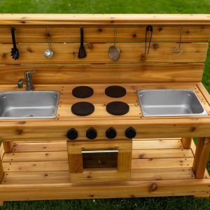 Centered Working Sink Mud Kitchen with Oven | Cedar Play Kitchen for Toddlers and Kids | Sensory Play | Sand Water Table | Montessori