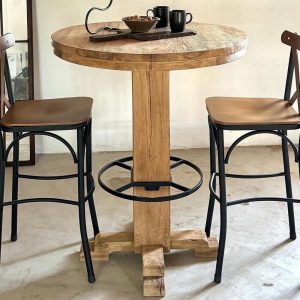 Rustic Oak Round High Top Pub Table - Farmhouse Style Bar Height Furniture