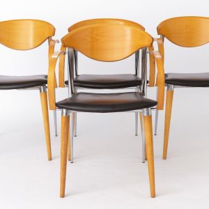 Set of 4 Vintage Stackable Chairs by Capdell – Model Paco, 1980s, Chromed Metal & Black Leather Upholstery