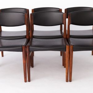 Set of 6 Danish Dining Chairs by Grete Jalk for Glostrup, 1960s – Rosewood Frame, Black Leather Upholstery, Mid-Century Modern
