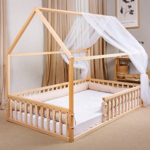 Kids and baby - Wooden Montessori House bed with Canopy bed, Toddler bed, Montessori floor bed frame, Montessori furniture, Kids furniture