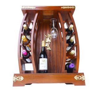 75 cm Teakwood Wine Display Rack / Drink Wine Rack, Wine Barrel with Grape Wine Brass Applique & Corner Brace Brackets