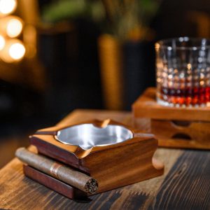 Stylish Walnut Wood Ashtray-Cup Holder, Cigar & Whiskey Glass Holder, Perfect Gift for Him, Great Gifts for Men