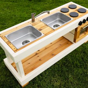 Painted Mud Kitchen with Oven and Working Faucet | Cedar Play Kitchen for Toddlers and Kids| Sensory Play | Sand Water Table | Montessori