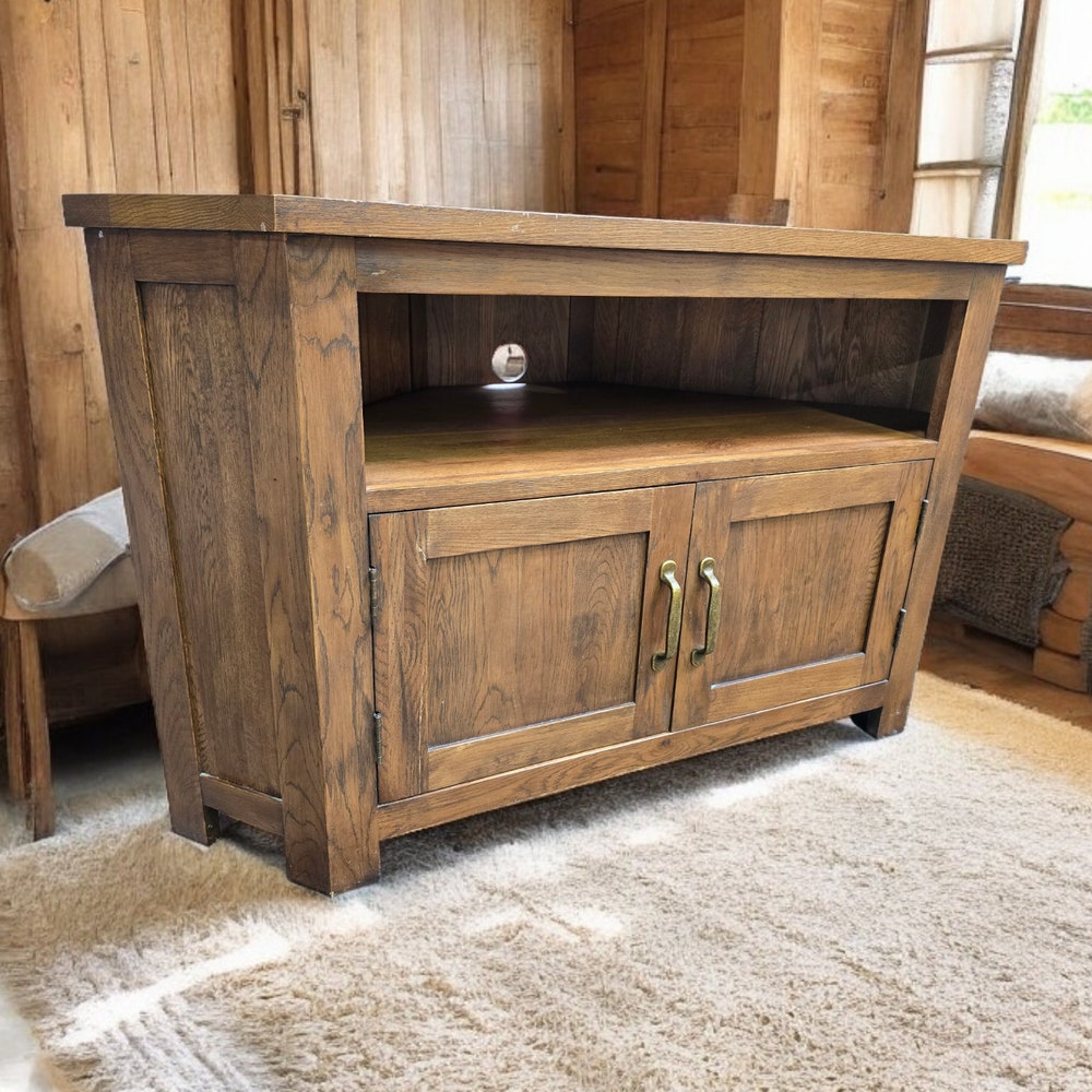 Corner unit tv stand with shelves door brass handles refurbished wooden stand Rustic media centre solid wood cabinet shelving unit - Image 6