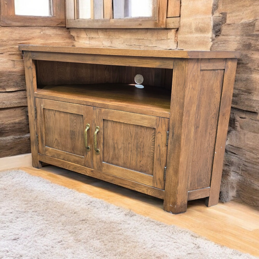 Corner unit tv stand with shelves door brass handles refurbished wooden stand Rustic media centre solid wood cabinet shelving unit - Image 2