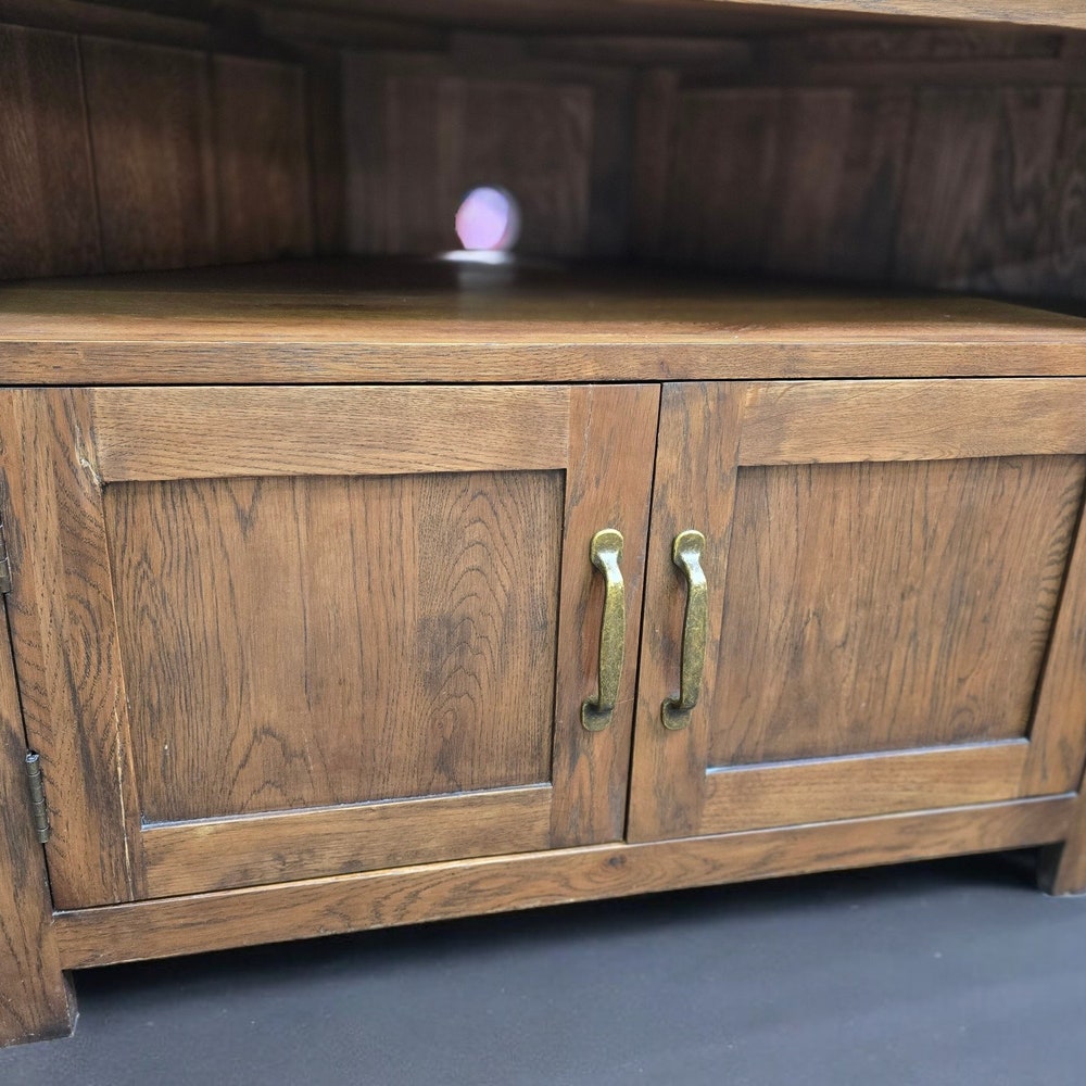 Corner unit tv stand with shelves door brass handles refurbished wooden stand Rustic media centre solid wood cabinet shelving unit - Image 8