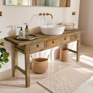 Handcrafted Bathroom Rustic Vanity with Chesnut Wood, Quad Sink Vanity with Drawers, Solid Farmhouse Decor for Your Bathroom Countertop