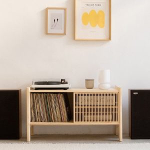 Turntable Stand, Solid Wood Vinyl Record Storage, 40" - Mendia Small