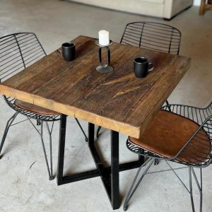 Square Thick Wood Table Rustic, Reclaimed Wood Farm Table Steel Legs, Small Square Table, Small Rustic Farm Table