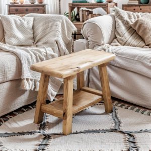 Rustic Chesnut Wood Side Table with Shelf, Reclaimed Farmhouse End Tables, Furniture Living Room Table,Boho Coffee Table, Gift for Her/Woman