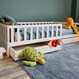 Floor Bed , Wooden , Toddler Bed with Safety Rails & Storage Drawers, Eco-Friendly Children's Bed Frame , Kinderbett , Kids Bed