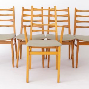 Set of 5 Vintage German Chairs – 1960s-1970s, Beech Wood, Light Green Textile