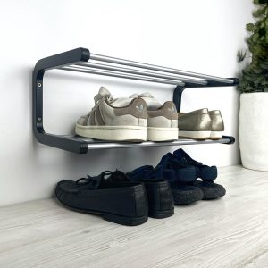 Black Wall Mounted Shoe Storage Rack | 2 Tier Wood and Metal Shoes Organizer for Small Entryway