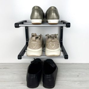 Small Black Wooden Shoe Rack for Entryway | Wall Mounted Double Shoe Shelf | 2 Tier Shoes Storage Organizer