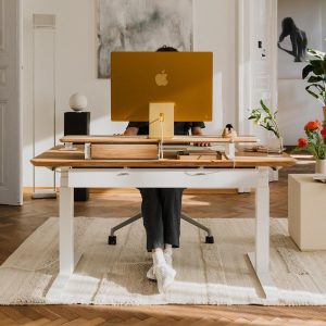Standing Desk Pro - Oakywood Solid Wood Sitting to Standing Desk White Legs, Adjustable-Height Desk, Electric Desk, Handmade Computer Desk