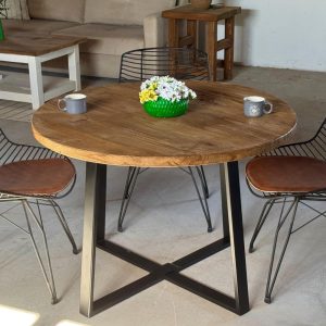 Large Round Reclaimed Wood and Steel Dining Table, Rustic Oak Kitchen Furniture