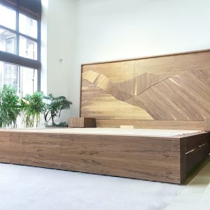 King Bed Frame for Bedroom Decor - Handmade Walnut Wooden Bed Frame - Mountain Headboard Custom Beds -"Utah Mountainscape" Mid Century Frame