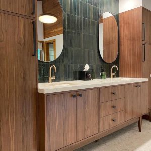 Handmade Mid Century 84" Custom Wood Bathroom Vanity Cabinet, Dual Sink 4 Door 3 Drawer, USA Made