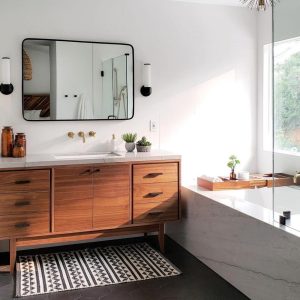 Handmade Mid Century 60" Custom Wood Bathroom Vanity Cabinet, Single Sink 2 Door 6 Drawer, USA Made