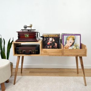 Oak Mid Century Modern Record Console, Vinyl Record Player Console, Turntable Stand, Vinyl Record Storage, Oak Record Player Stand