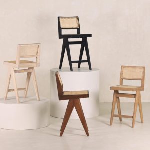Chandigarh Capitol Cane Counter Stool - Teak and Handwoven Rattan
