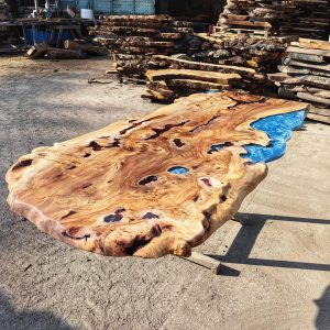 Blue epoxy elm wood dining table, resin living room furniture, diner table, coffee table