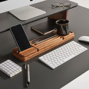 Personalized Wooden Desk Organizer Set with Phone Stand and Coaster – Custom Office Gift for Men Women, Rustic Home Desk Accessories
