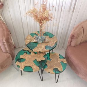 Green epoxy 3-piece coffee table set, Round olive coffee table set,round middle coffee table, Tea Table