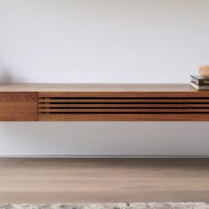 Floating Solid Wood Tv Stand, Hardwoood Media Console, Wooden Slats Media Center
